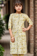 Mustard Printed And Stone Work Kurta With Pant Set For Girls