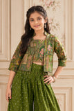 Girls Olive Green Printed Palazzo Set with Jacket and Palazzo Pants