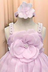 Lavender Sleeveless And Floral Embellished With Pearls Work Frock For Girls