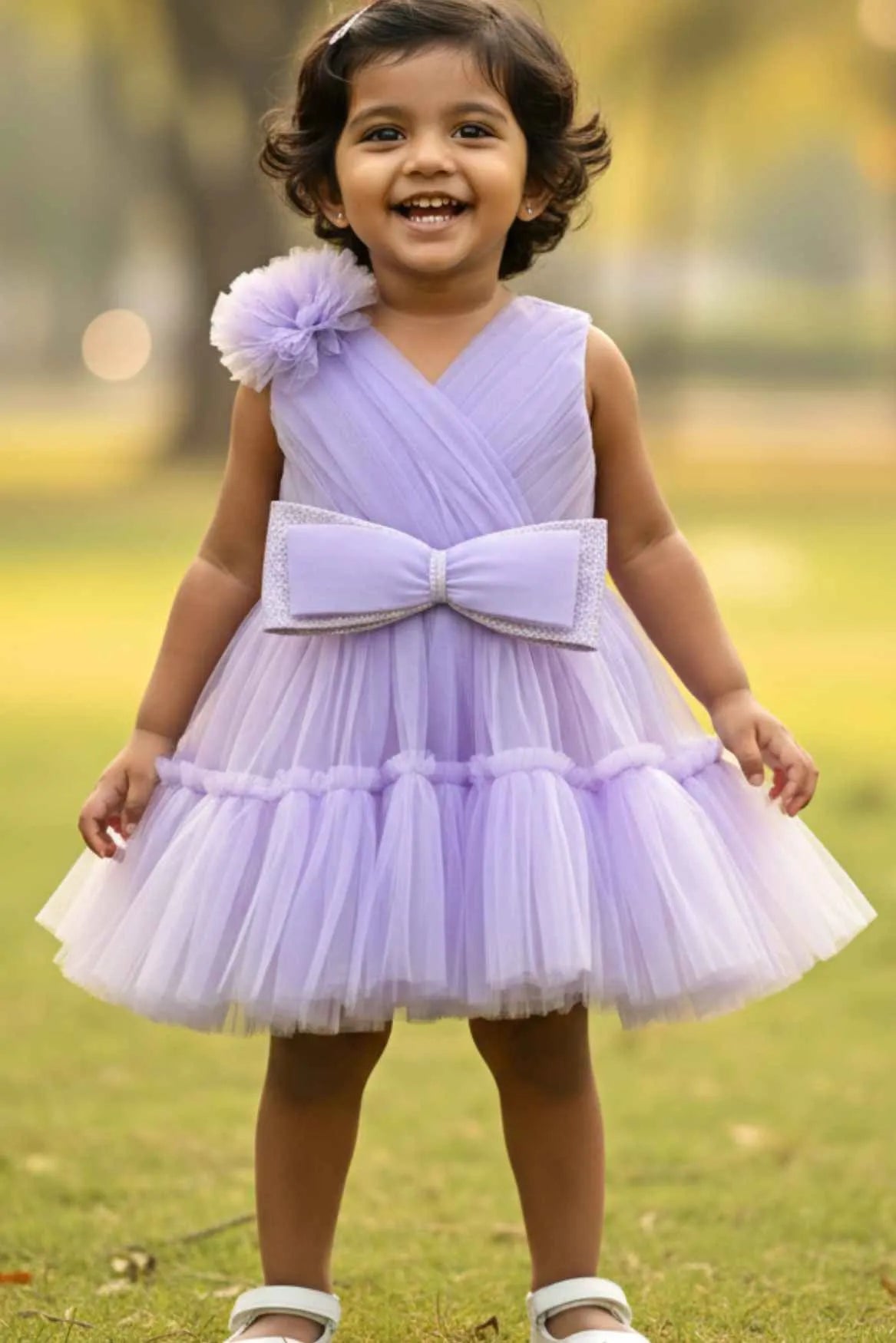 Lilac Tulle Party Wear Frock with Oversized Bow For Girls