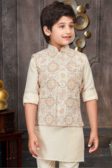 Cream Sequins Embroidered Waist Coat With Kurta And Pant Set For Boys