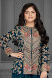 Blue Embroidered Palazzo Set with Jacket for Girls