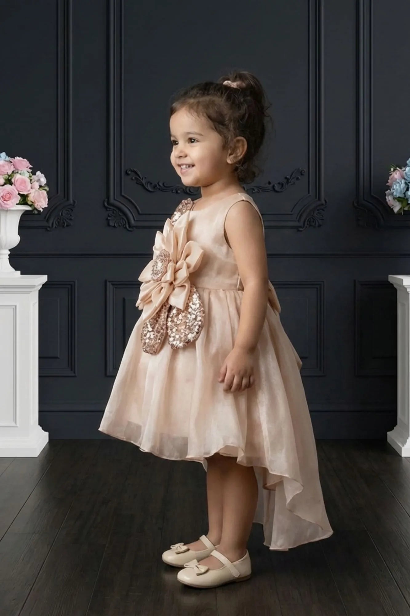 Champagne Blue Floral Party Wear Frock For Baby Girls