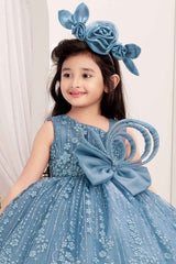 Blue Frock With Bow Embellished And Shimmer Printed For Girls