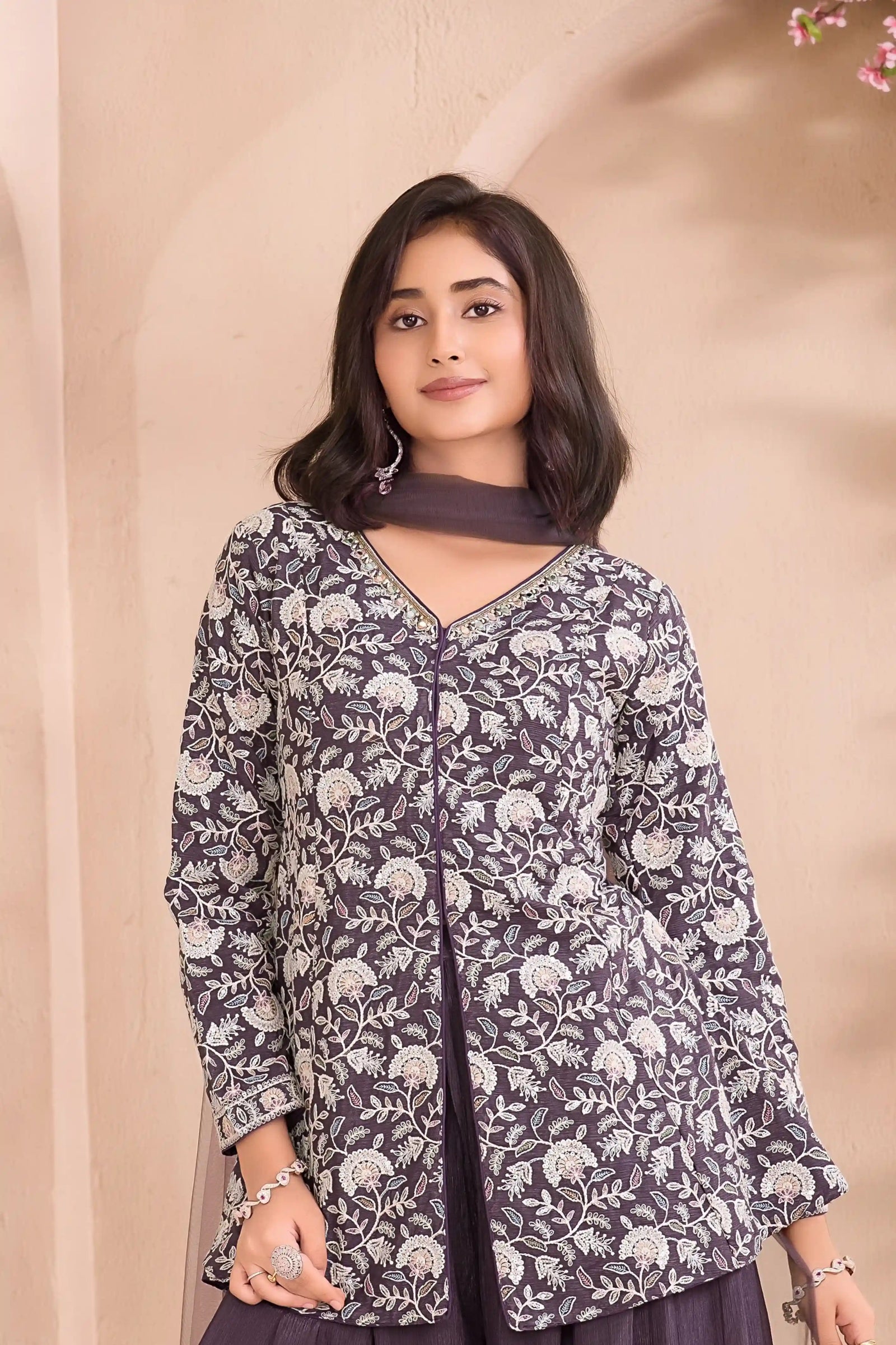 Wine Embroidered Palazzo Set with Dupatta For Girls