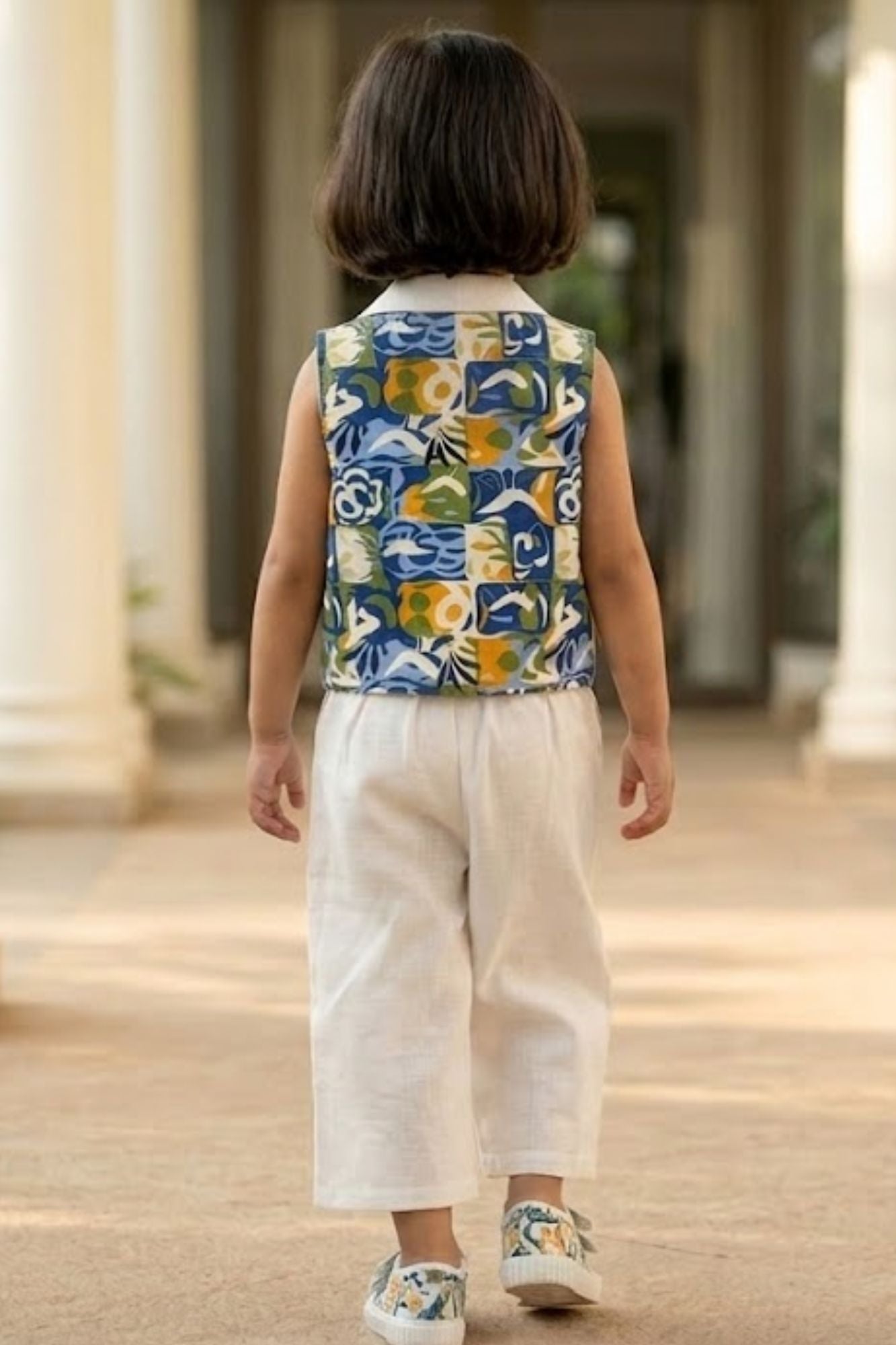Girls Floral Print Waistcoat Co-Ord Set with Top And Wide-Leg Culotte Pants