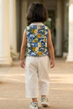 Girls Floral Print Waistcoat Co-Ord Set with Top And Wide-Leg Culotte Pants