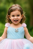 Blue Ruffle Party Frock With Stone Embellished And High-Low Hem For Girls