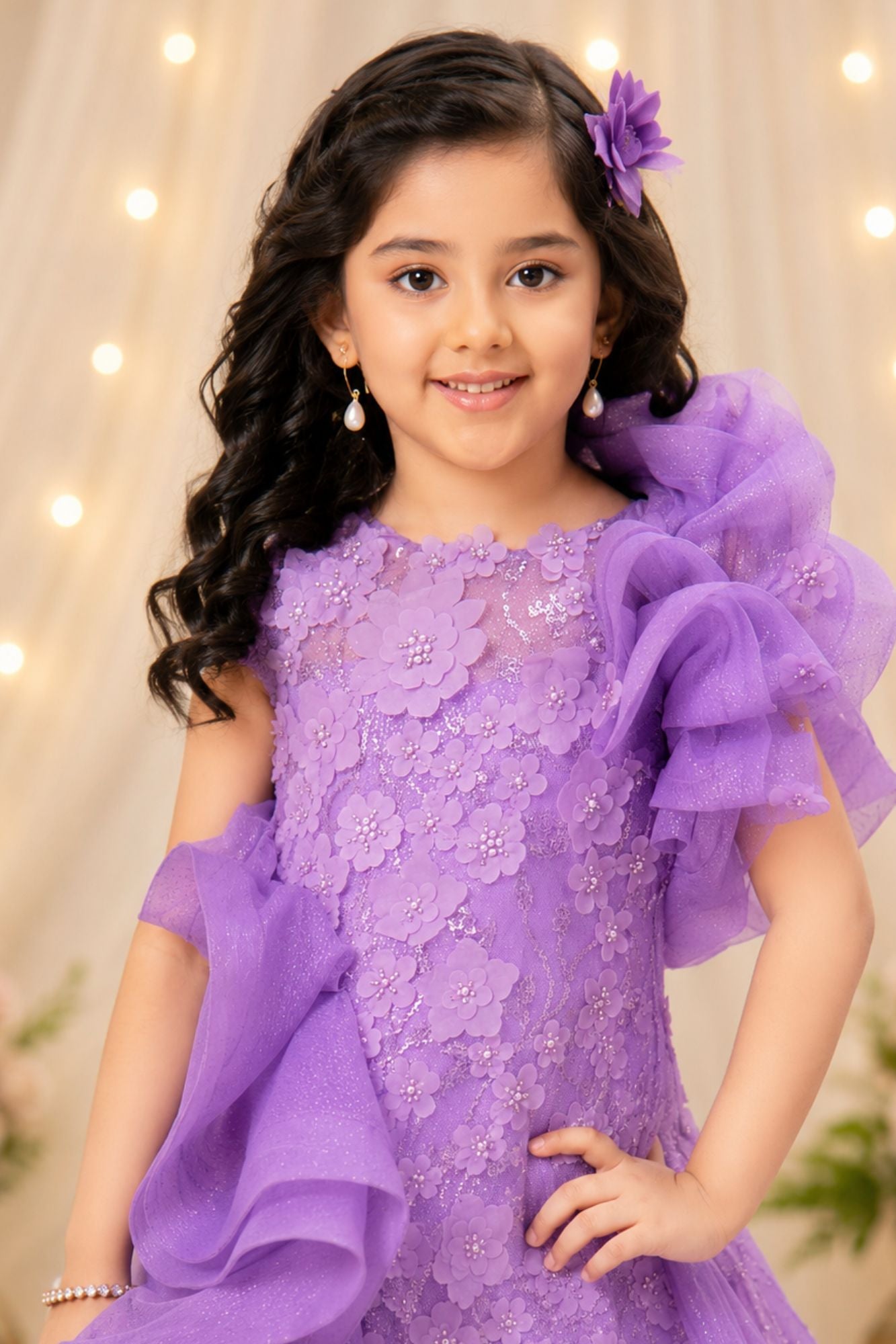 Lavender Floral Embellished Layered Party Wear Ball Gown