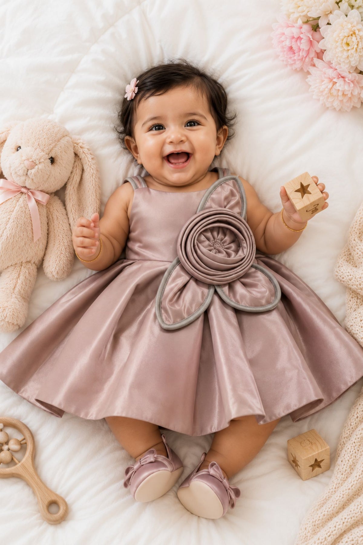 Copper Brown Party Frock with Floral Rosette and Embellished Strap Detailing For Girls