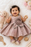 Copper Brown Party Frock with Floral Rosette and Embellished Strap Detailing For Girls