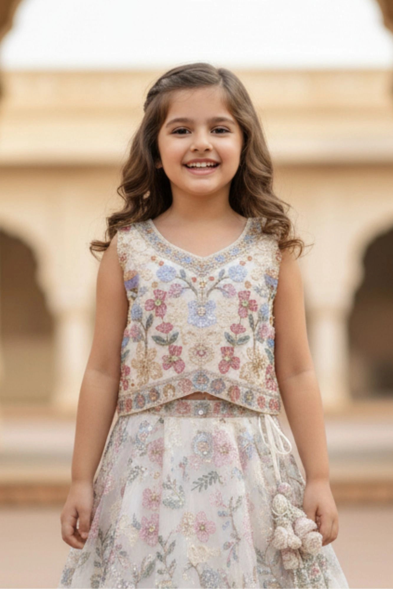 Cream And Pastel Embroidered Lehenga Choli for Girls