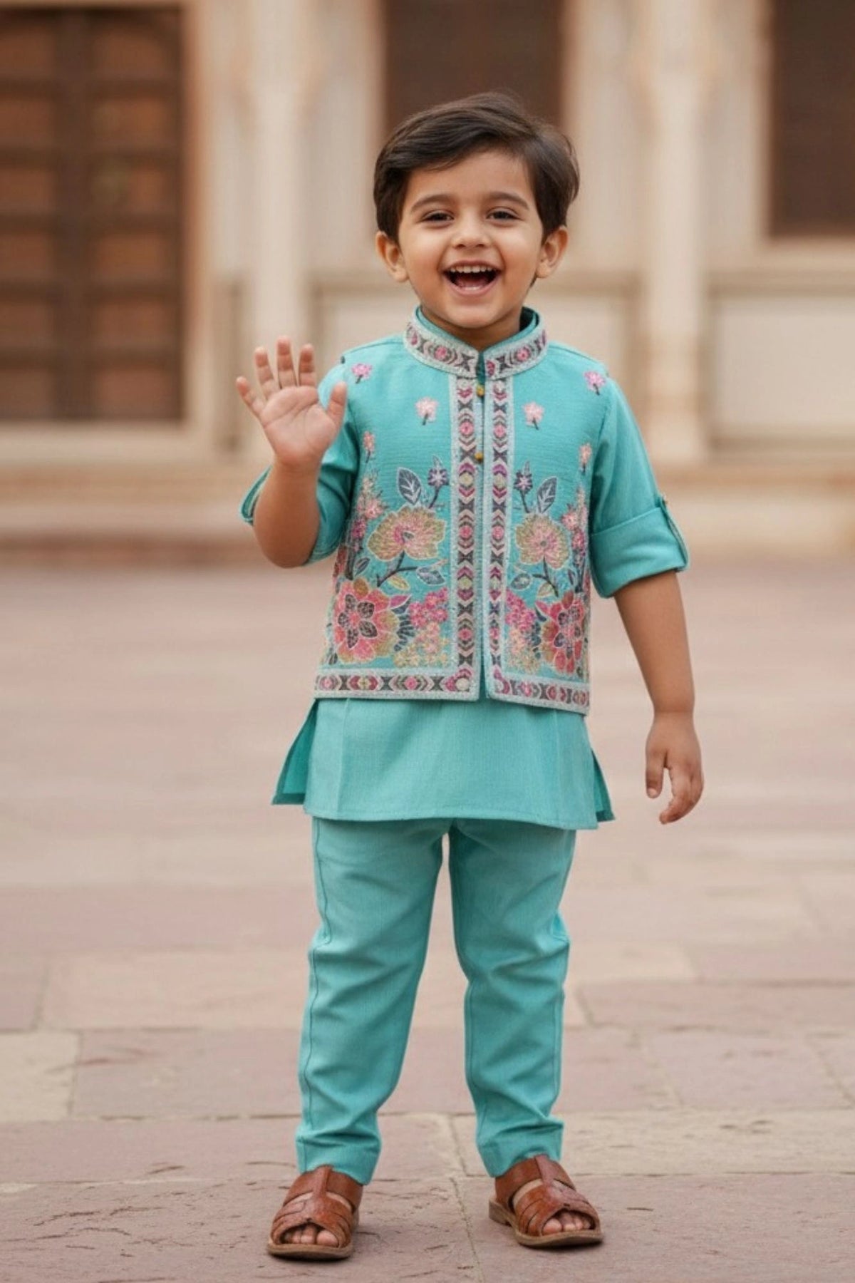 Teal Blue Embroidered Kurta Set with Nehru Jacket For Boys