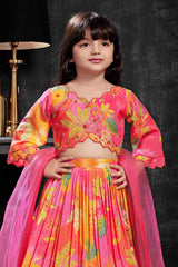 Pink Printed Lehenga Choli With Embroidered And Mirror Work For Girls