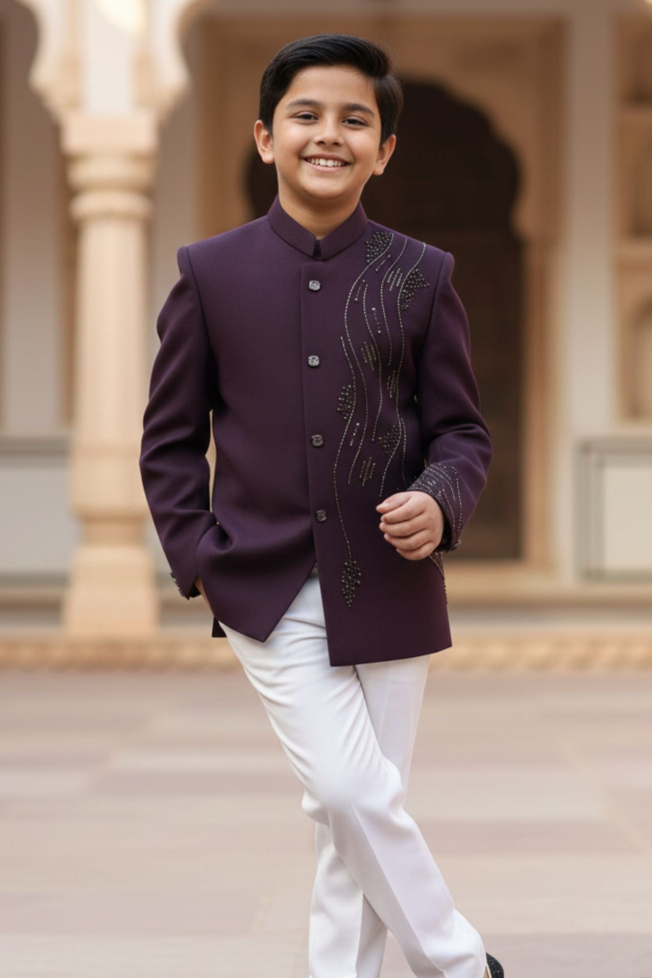 Deep Plum Embroidered Jodhpuri Suit Set with Trouser For Boys