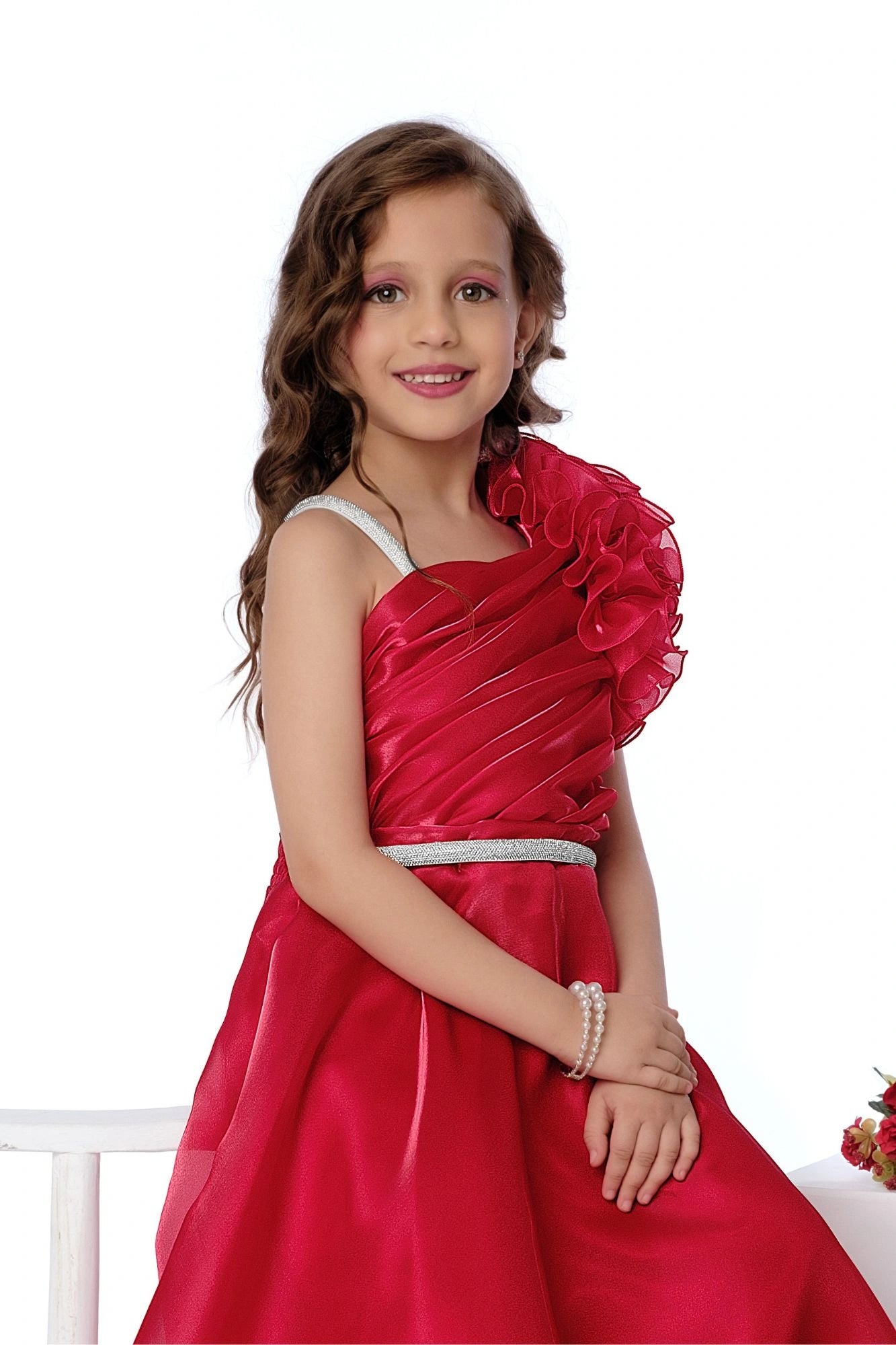 Designer Red Floral Appliqué Party Wear Gown For Girls
