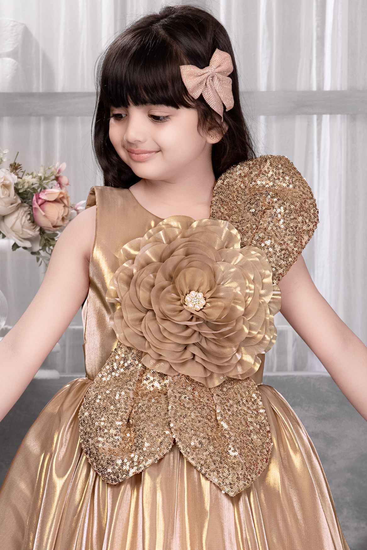 Copper Brown Floral Embellished With Sequins Gown For Girls – Lagorii Kids