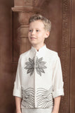 White Kurta Set with Black Printed Jacket & Black Pajama For Boys