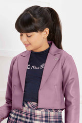 Stylish Lavender Jacket With Checked Skirt And T shirt Set For Girls