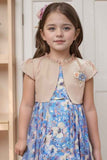 Blue Floral Printed With Fawn Overcoat With Floral Embellished Dress For Girls