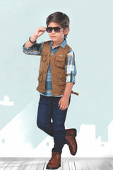 Brown Overcoat With Blue checks Shirt And Pant Set For Boys