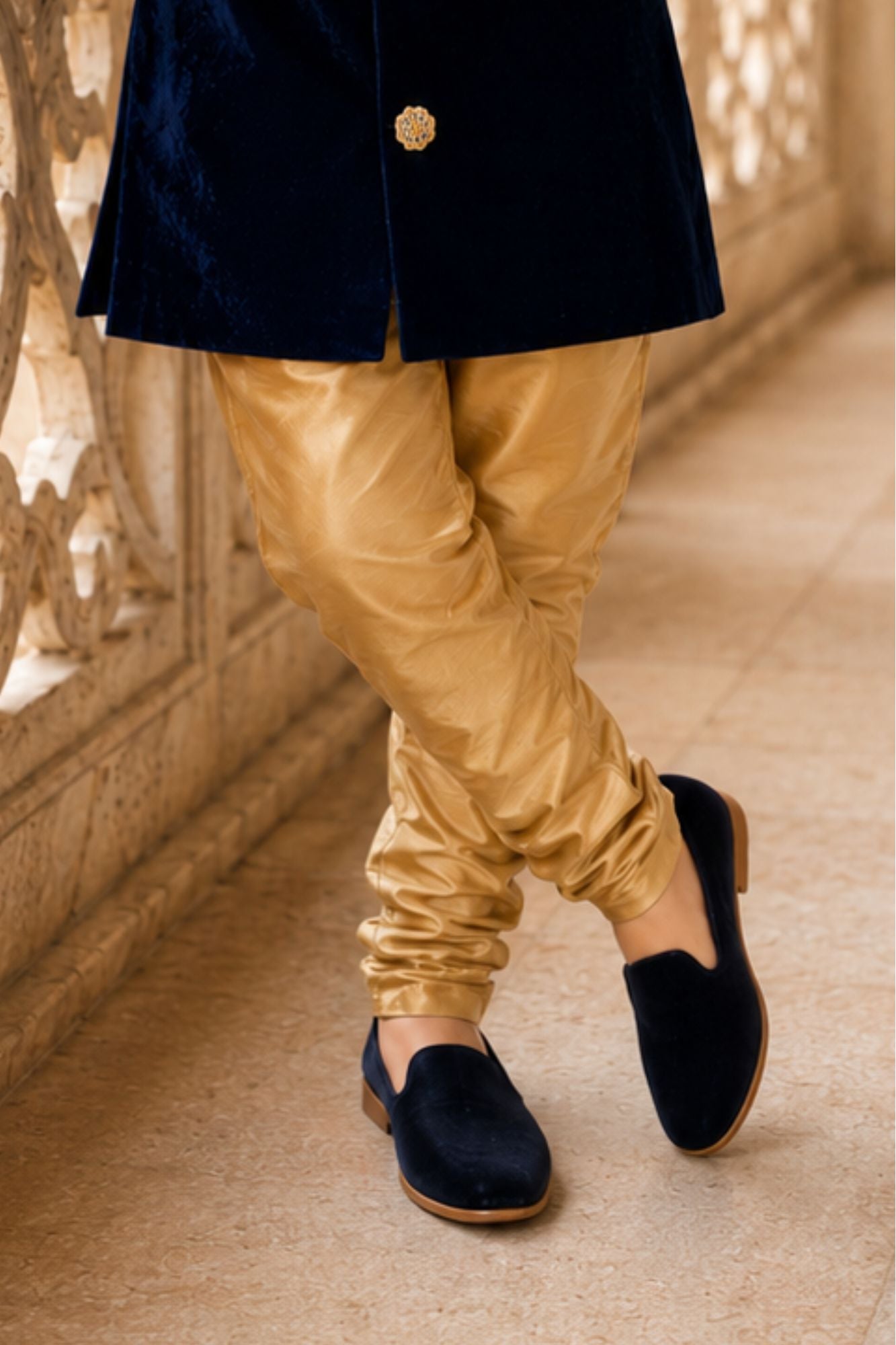 Boys Royal Navy Blue Velvet Sherwani Set