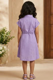 Girls Purple Embroidered Fit And Flare Casual Dress with Waist Tie Belt