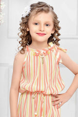 Orange Striped And Floral Embellished Jumpsuit For Girls