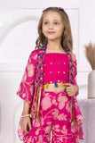 Pink Printed Co-Ord Set With Embellished Overcoat For Girls