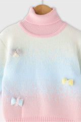 Pink Polo Neck Pullover With Bow Embellished For Girls