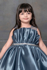 Blue Tutu Organza Frock Embellished With Stones Waistband For Girls