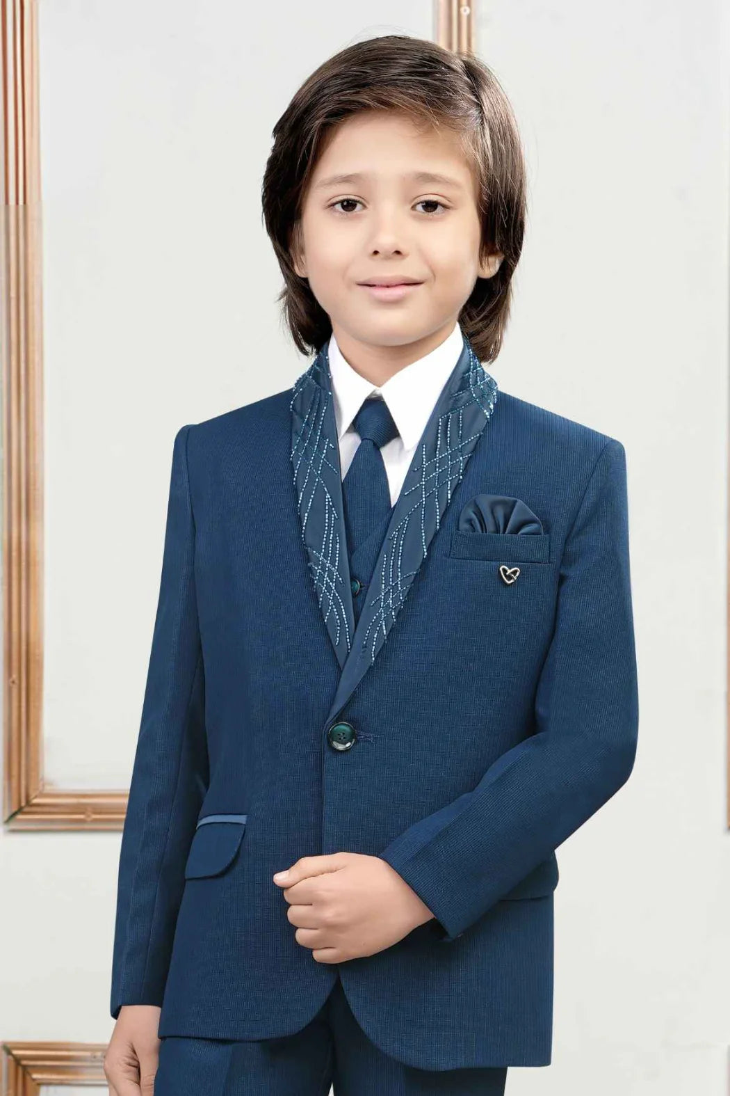 Teal Blue Bead Work Tuxedo With Pant And Waistcoat Set For Boys