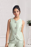 Tailored Pastel Green Pant Set with Crystal Brooch Accents For Girls