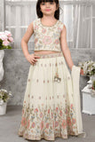 Cream Floral Embroidered Lehenga Choli Set For Girls