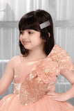 Peach Shimmer Party Frock with Sequin Bow and 3D Flower Detail For Girls
