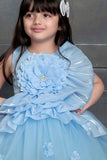 Designer Sky Blue Net Frock With Floral Embellishments For Girls