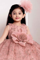 Peach Sleeveless And Floral Embellished Frock For Girls