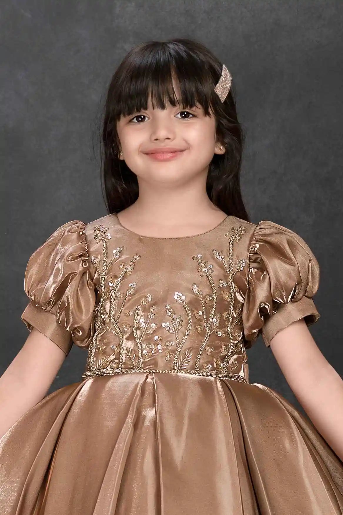 Bronze Embroidered Party Frock With Puff Sleeves For Girls