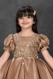 Bronze Embroidered Party Frock With Puff Sleeves For Girls