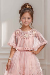 Pink Sequin Net Party Wear Gown With Ruffled Cape For Girls