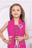Bright Pink Overcoat With Top And Tassel Work Shorts Set For Girls