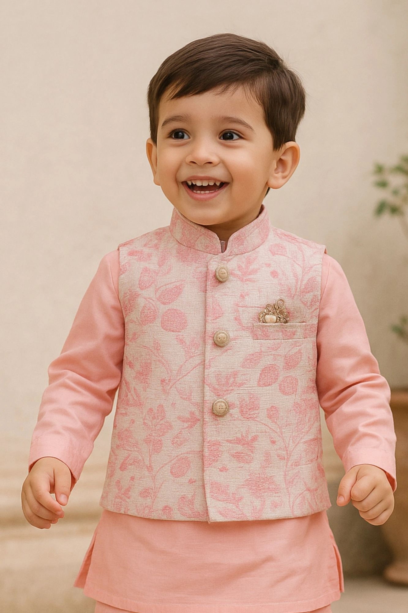 Baby Pink Dhoti Kurta Set With Sequins Embroidered Nehru Jacket For Boys