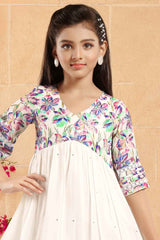 White Alia Cut Kurti With Printed Bottom Set For Girls