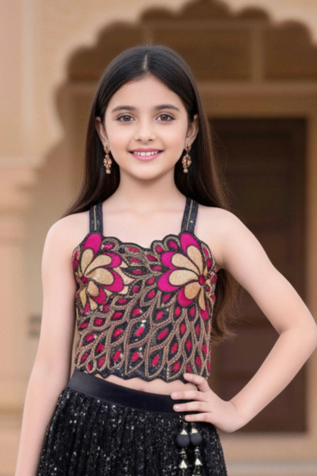 Black Sequin Embroidered Lehenga Choli with Floral Detailing For Girls