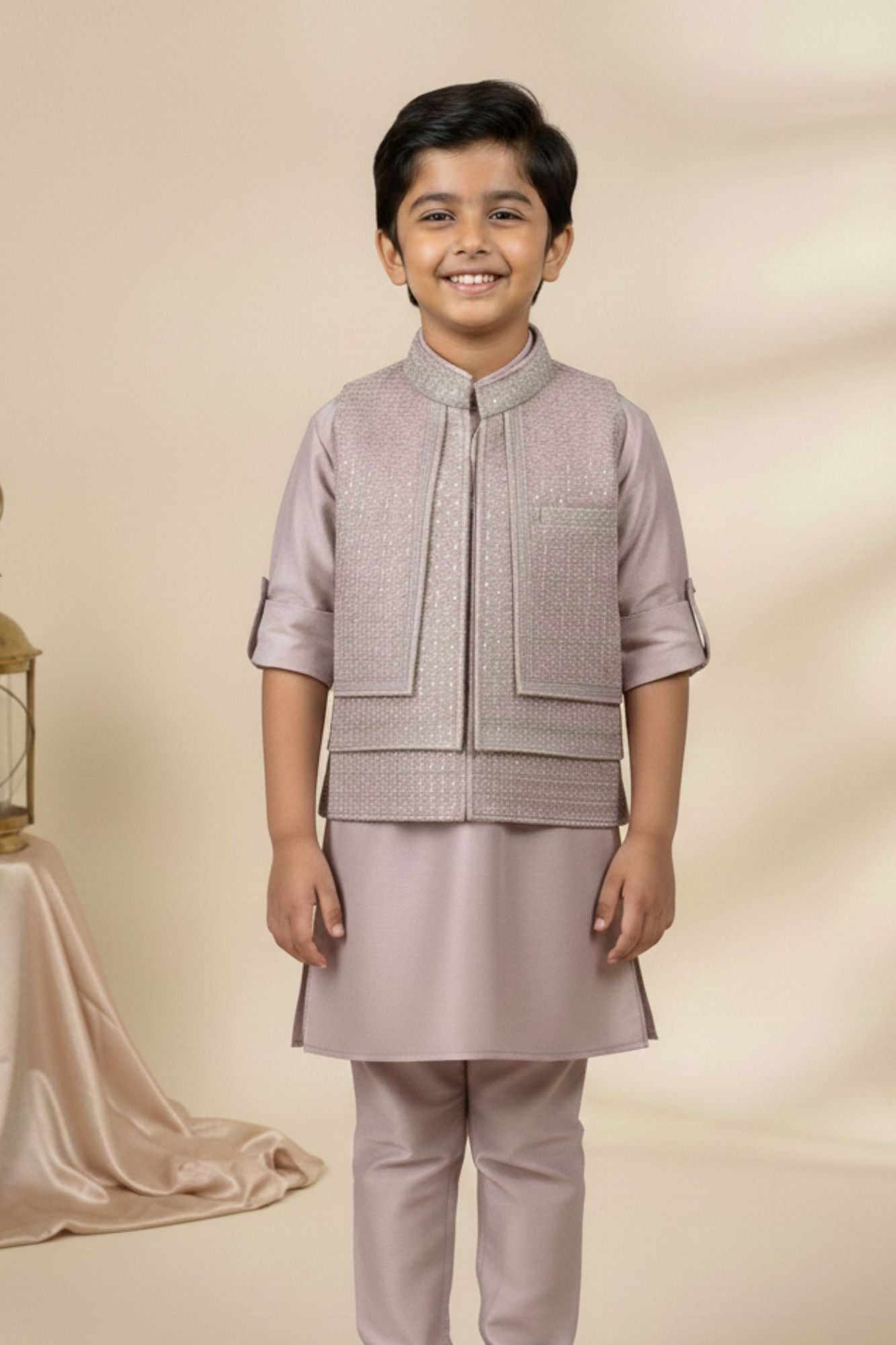 Onion Pink Embroidered Kurta Pajama Set with Ethnic Jacket for Boys