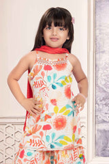 Cream Printed Sleeveless Sharara Set For Girls