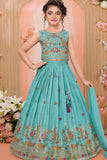 Aqua Blue Multicolor Embroidered Lehenga Choli Set For Girls