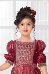 Maroon Sequins Work And Zari Embroidered Ethnic Gown For Girls