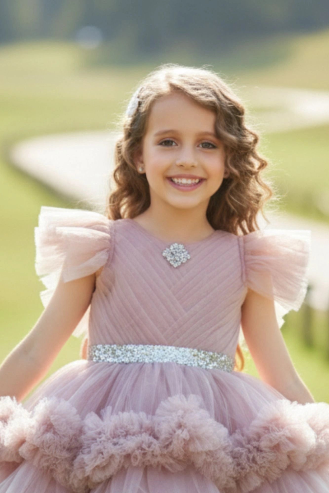 Onion Pink Ruffle Trail Party Gown with Sparkle Belt For Girls