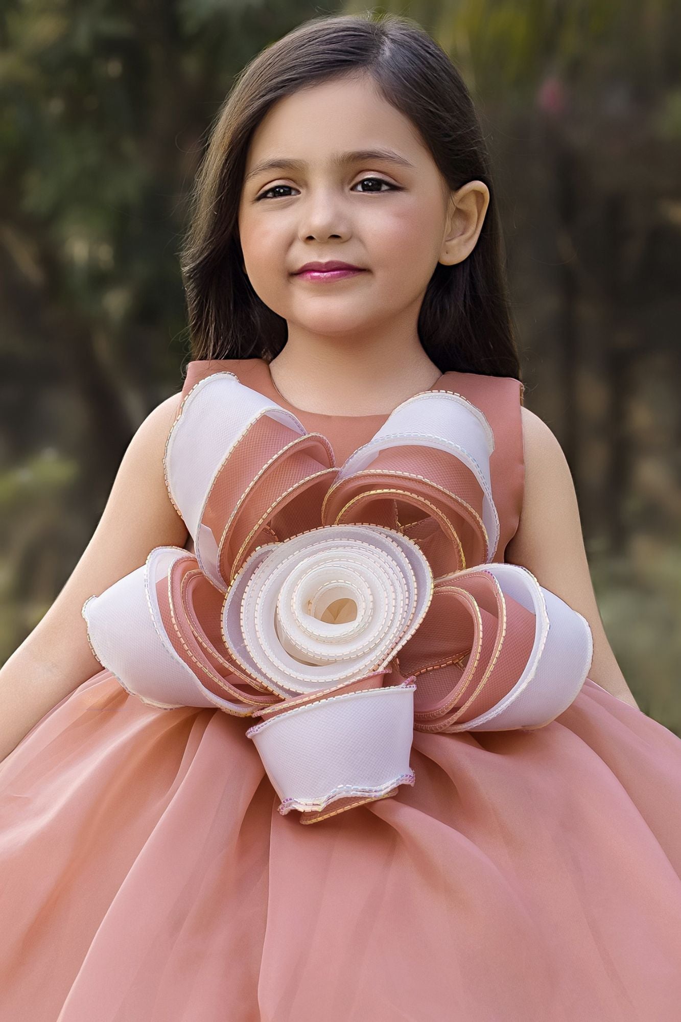 Girls Peach Floral Applique Party Dress